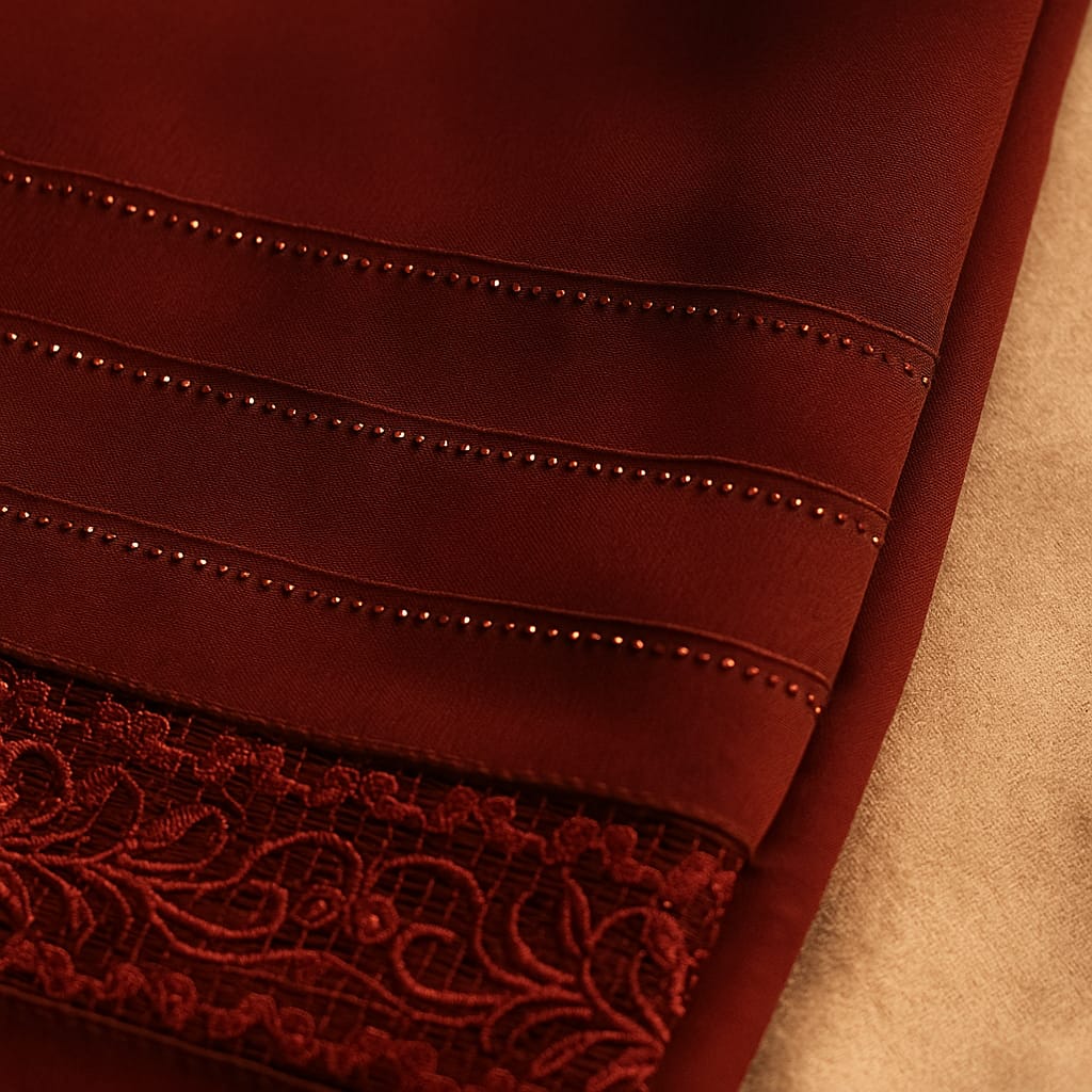 Close-up of a burgundy fabric with lace trim on a beige background